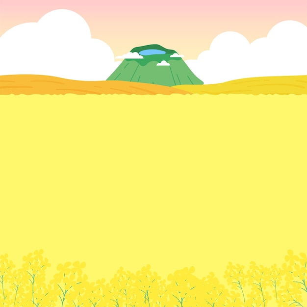 Illustration of Jeju Islands scenery with rapeseed fields and Hallasan Mountain