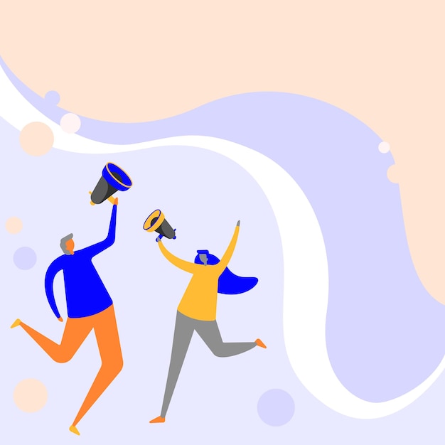 Vector illustration of joyful partners mildly jumping around sharing thoughts through megaphone. happy couple drawing moderately hopping all over contributing ideas using bullhorn.