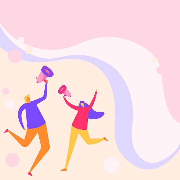 Vector illustration of joyful partners mildly jumping around sharing thoughts through megaphone. happy couple drawing moderately hopping all over contributing ideas using bullhorn.