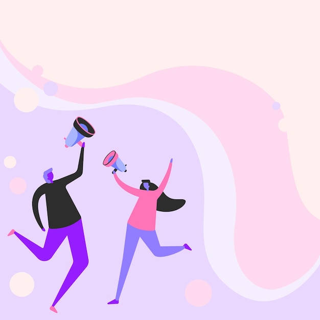 Illustration of joyful partners mildly jumping around sharing thoughts through megaphone happy