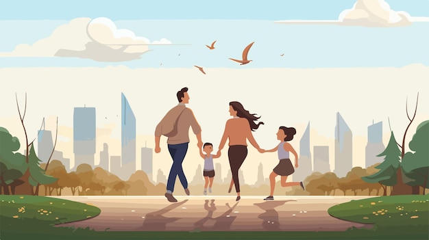 Vector illustration of joyful wholesome family participating together