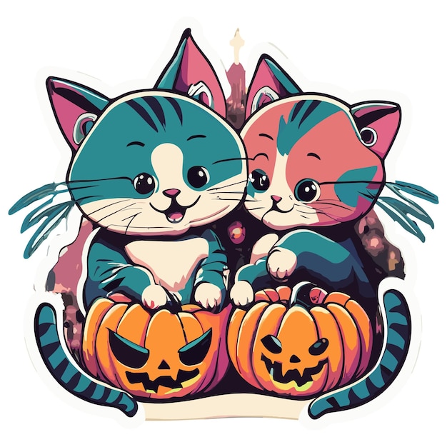 illustration Kawaii Kittens playing with a small pumpkin Halloween side view sticker