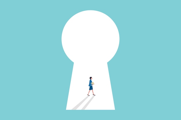 Illustration of key hole shape door with business woman hiring concept