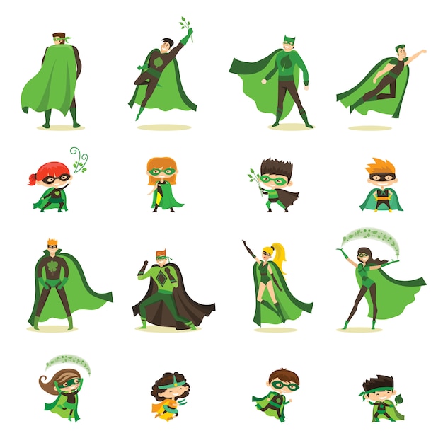  illustration of kid and adult eco superheros in funny comics costume isolated on the white background