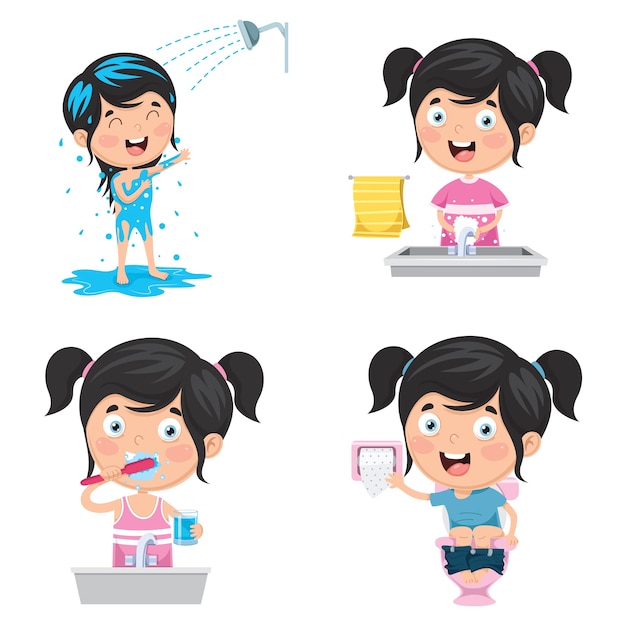 Illustration Of Kid Bathing, Brushing Teeth, Washing Hands After Toilet