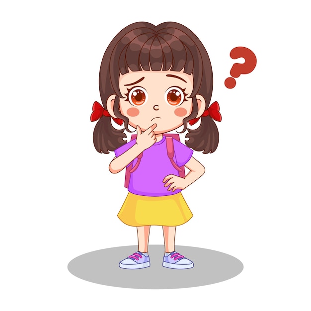 Illustration of a kid girl thinking in a question. Crying kid girl wearing a backpack