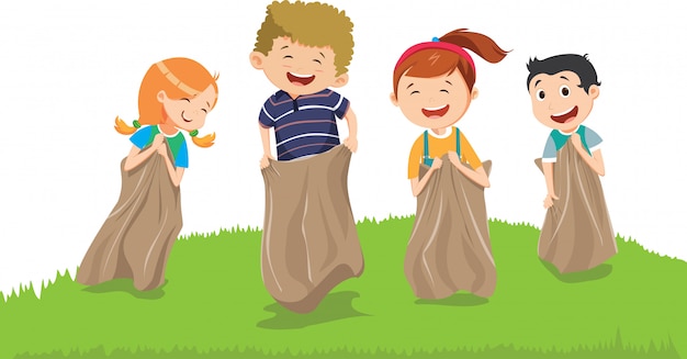 illustration of Kids having fun with sacks on a meadow