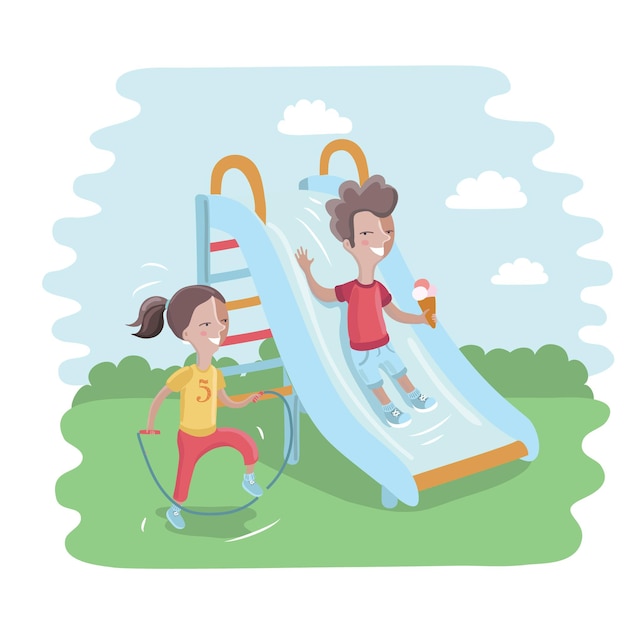 illustration of kids on playground. Cute boy is sliding childrens slide and happy girl is jumping rope