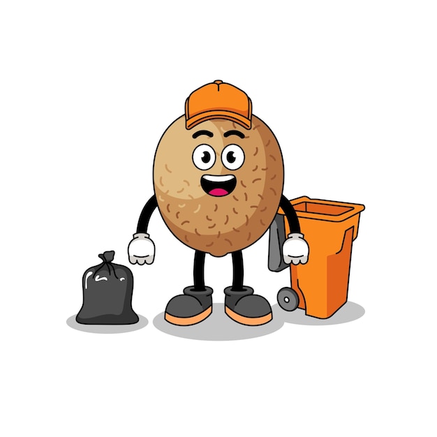 Illustration of kiwifruit cartoon as a garbage collector