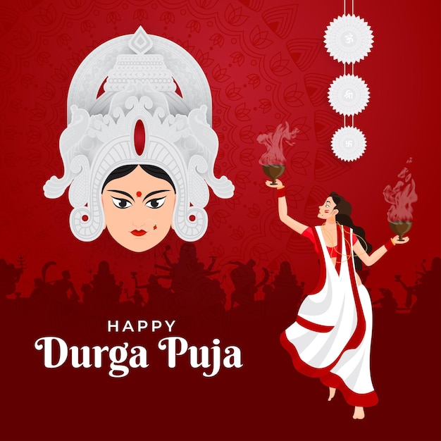 illustration of a lady performing Dhunchi dance in Happy Durga Puja Subh Navratri Subho Bijoya