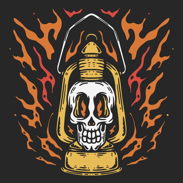 Vector illustration of lamp with oil skull cover with fire in vintage style on black background