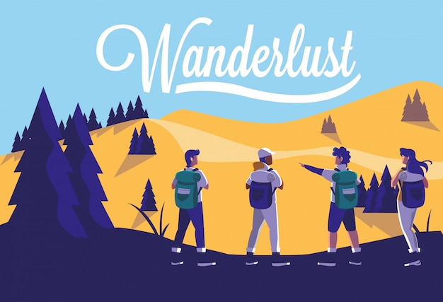 illustration landscape forest with travelers wanderlust