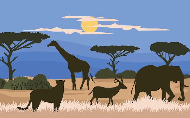 Illustration of landscape with animals in the savannahVector illustration