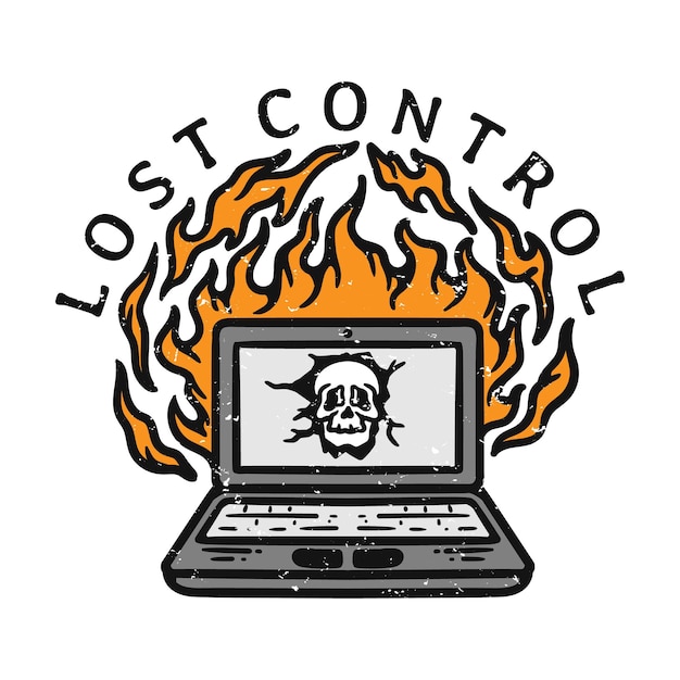 Illustration of laptop on fire with broken screen in vintage style on white background