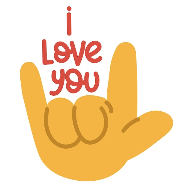 illustration of a large cartoon hand which depicts the sign I love you Palm with open fingers thumb