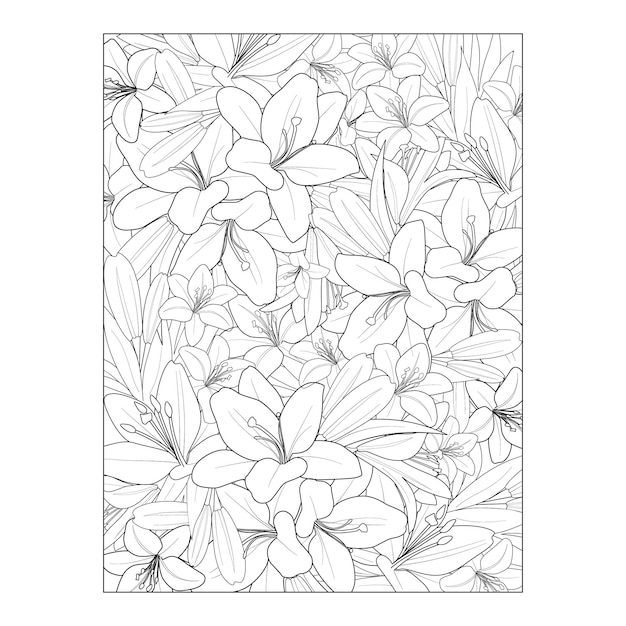 illustration of lily flower botanic collection hand drawn seamless  floral background coloring page.