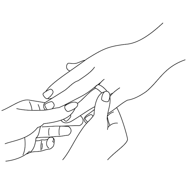 Illustration of line drawing a closeup of hands exchanging wedding rings Wedding couple hands