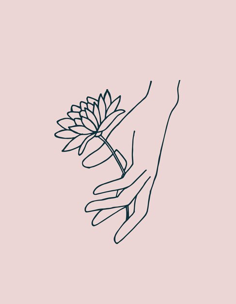 Vector illustration line drawing female hand with flower isolated on a pink