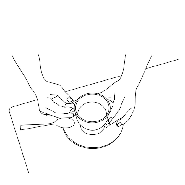 Illustration line drawing a hands holding a fresh cup of coffee or tea hot Cup of italian