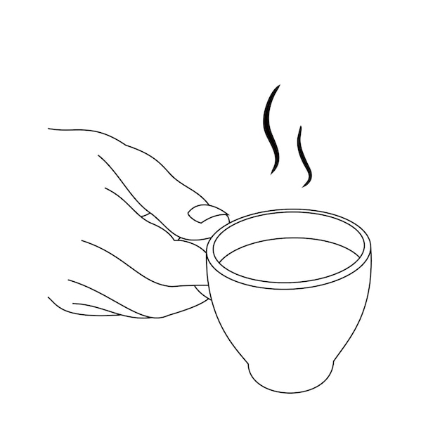 Illustration line drawing a hands holding a fresh cup of coffee or tea hot Cup of italian