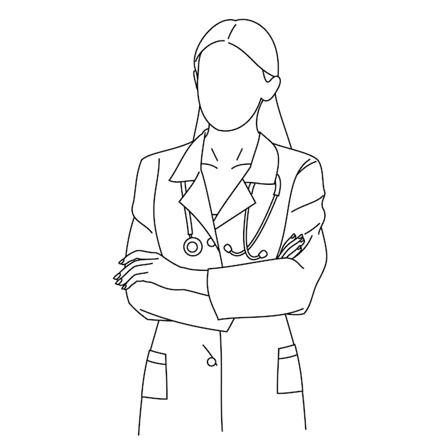 Illustration line drawing of a young medical doctor wearing uniform scrubs looking at the camera