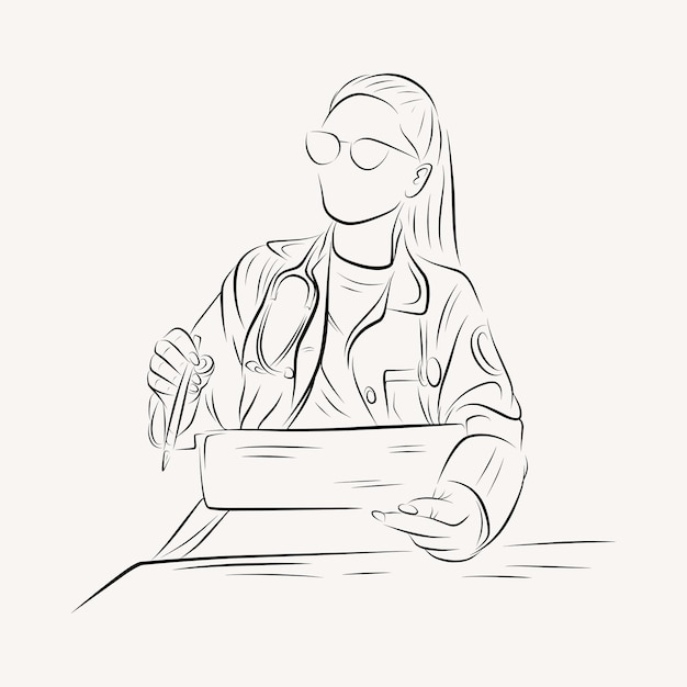 illustration line drawing of a young medical doctor wearing uniform