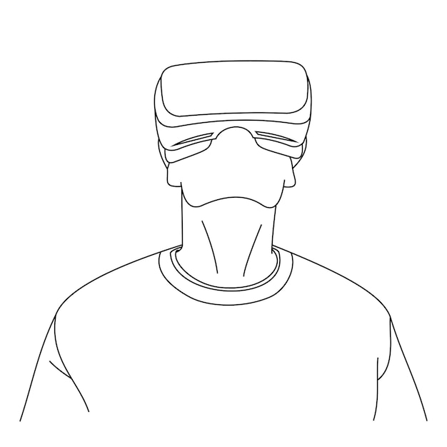 Illustration line drawings of a young man using Virtual Reality glasses Head position looked up