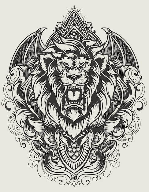 Illustration lion head with vintage engraving ornament