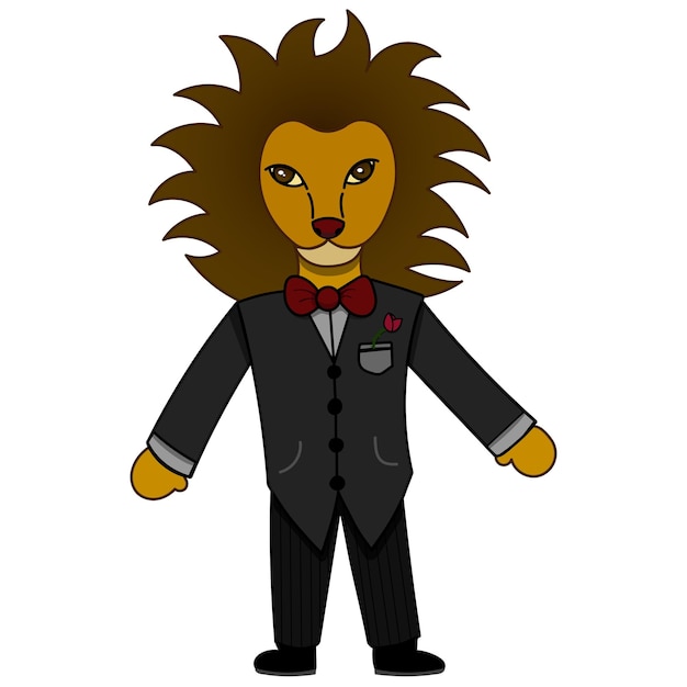 Vector illustration of a lion with a suit and bow. pretty. little. mane. fur. animal. drawing