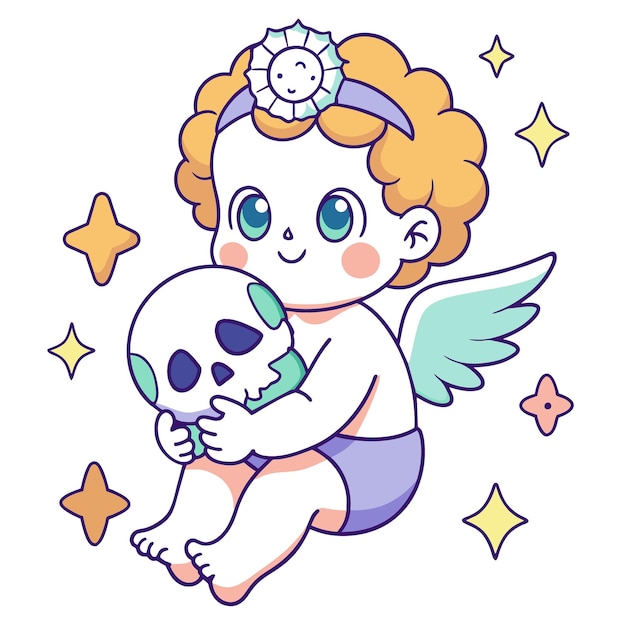 Vector an illustration of a little angel holding a baby and a skull