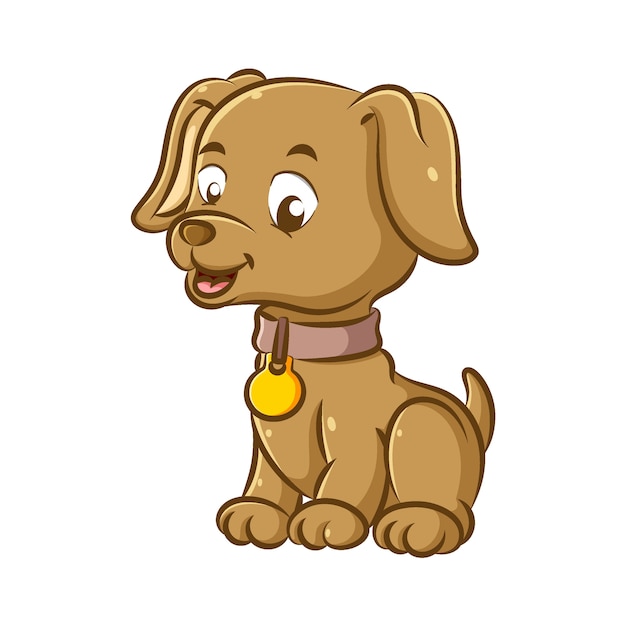 The illustration of the little dog using the brown necklace and golden pendant is sitting with the happy face