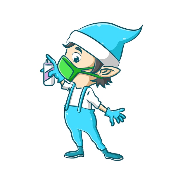 The illustration of the little elf is using the green mask and holding the disinfectant spray to protect his body