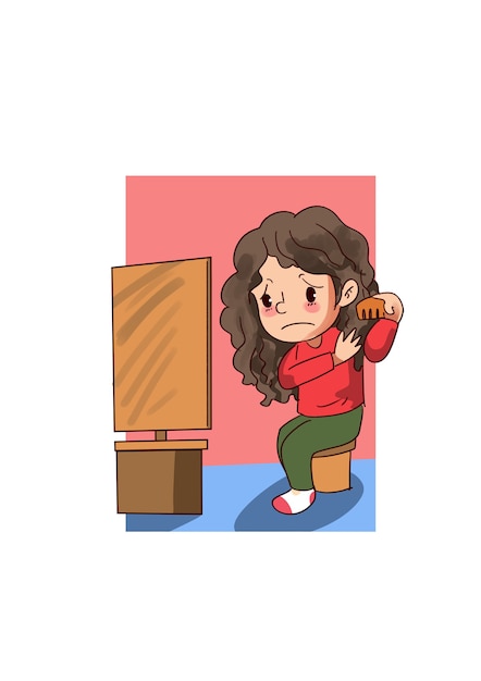 illustration of little girl combing her hairs