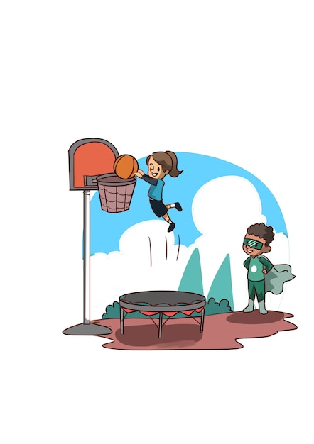 illustration of little girl playing basketball with trampoline