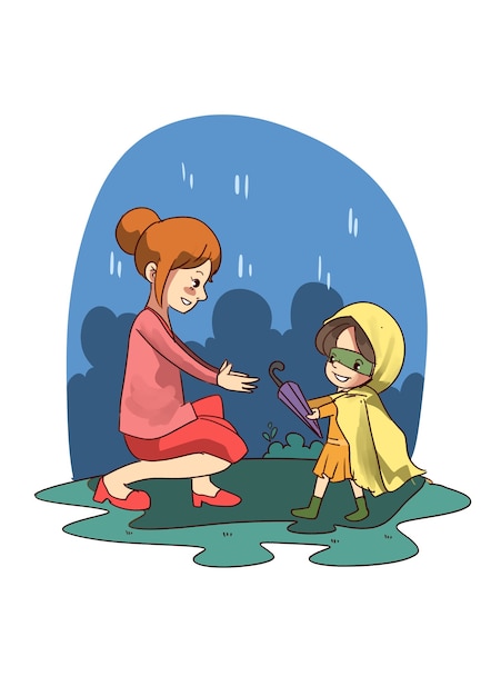 illustration of little girl sharing unbrella with young woman