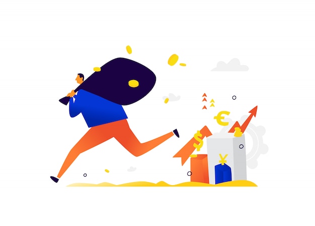 Illustration of a little man running away with investor income.