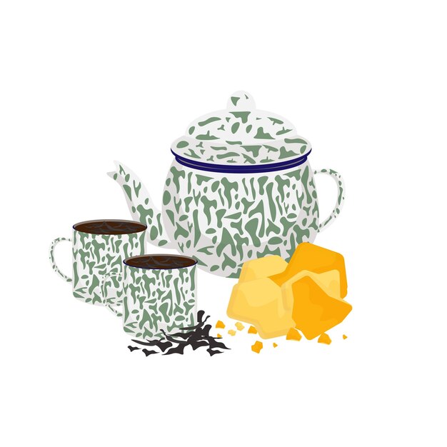 Illustration Logo of Javanese Tea with Rock Sugar and Blirik Teapot and Blirik Mug