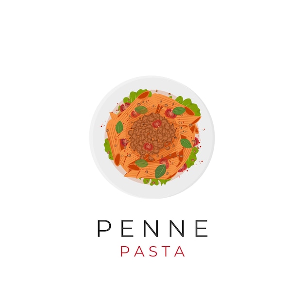 Illustration logo of penne pasta with tomato sauce and minced meat