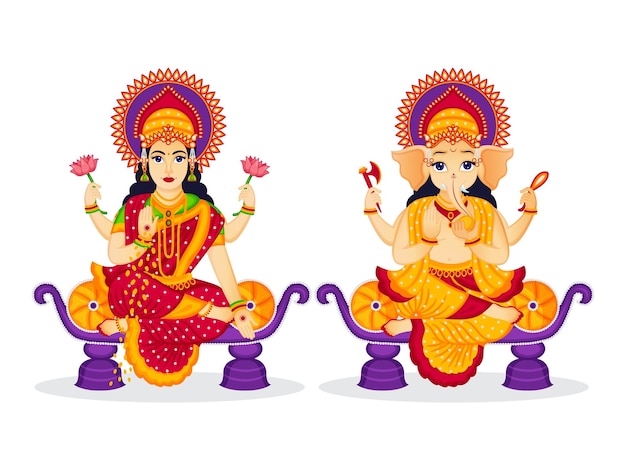 Illustration of Lord ganesha and goddess laxmi character design for Happy Diwali Premium vector