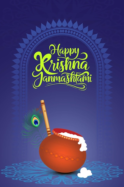 illustration of Lord Krishna playing bansuri flute in Happy Janmashtami festival background of India