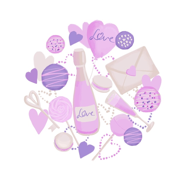 Illustration of Love symbols in the shape of a circle of pink purple color