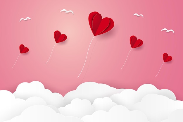 Illustration of love with red folded heart shape balloons flying in sky in paper art style