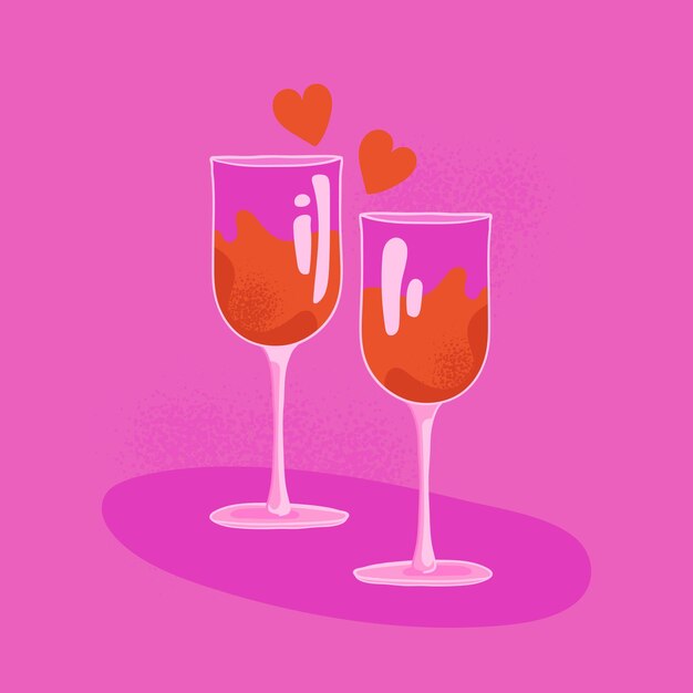 Vector illustration of lovers glasses love elixir on a date glasses of red wine