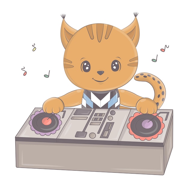 Illustration of a lynx behind a DJ console. Vector illustration of a cute animal.