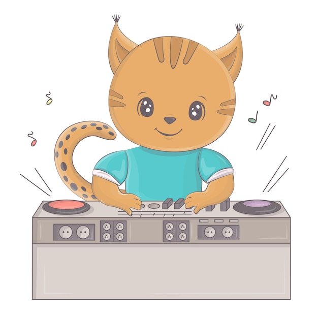 Illustration of a lynx behind a DJ console. Vector illustration of a cute animal.