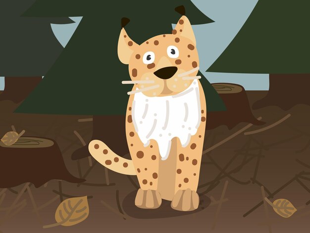 Illustration of a lynx in the forest Forest world with a cheerful spotted lynx Lynx in the usual