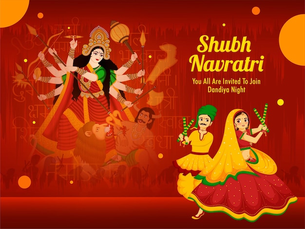 Illustration of maa durga and couple dancing with dandiya for on the celebration of happy navratri.