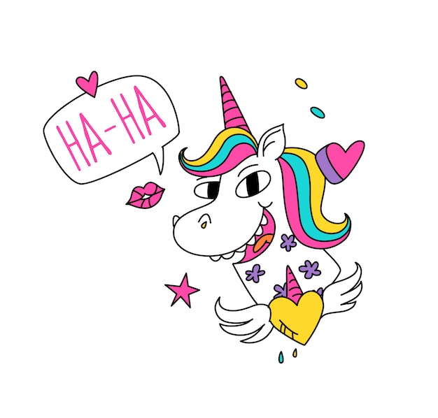 Illustration of a magic unicorn with colored mane.