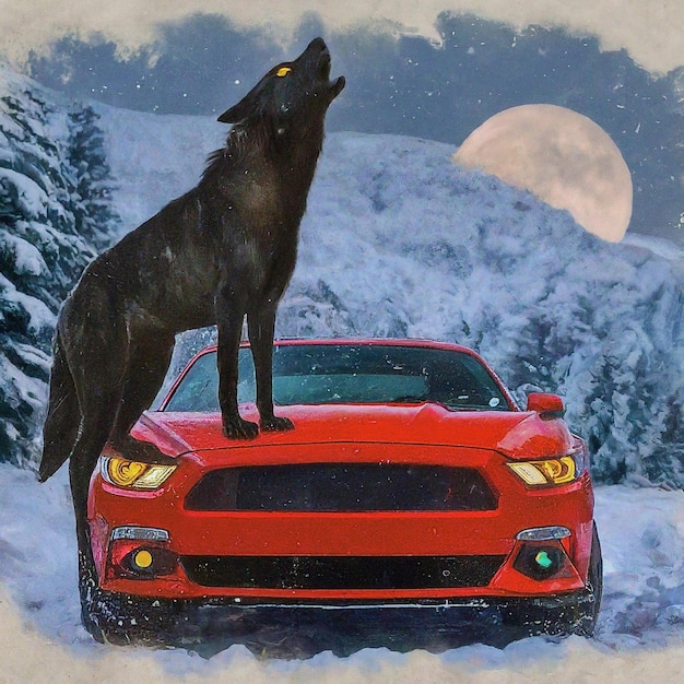 Vector illustration of a majestic wolf and jeep