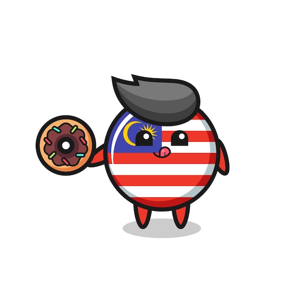 Illustration of an malaysia flag badge character eating a doughnut